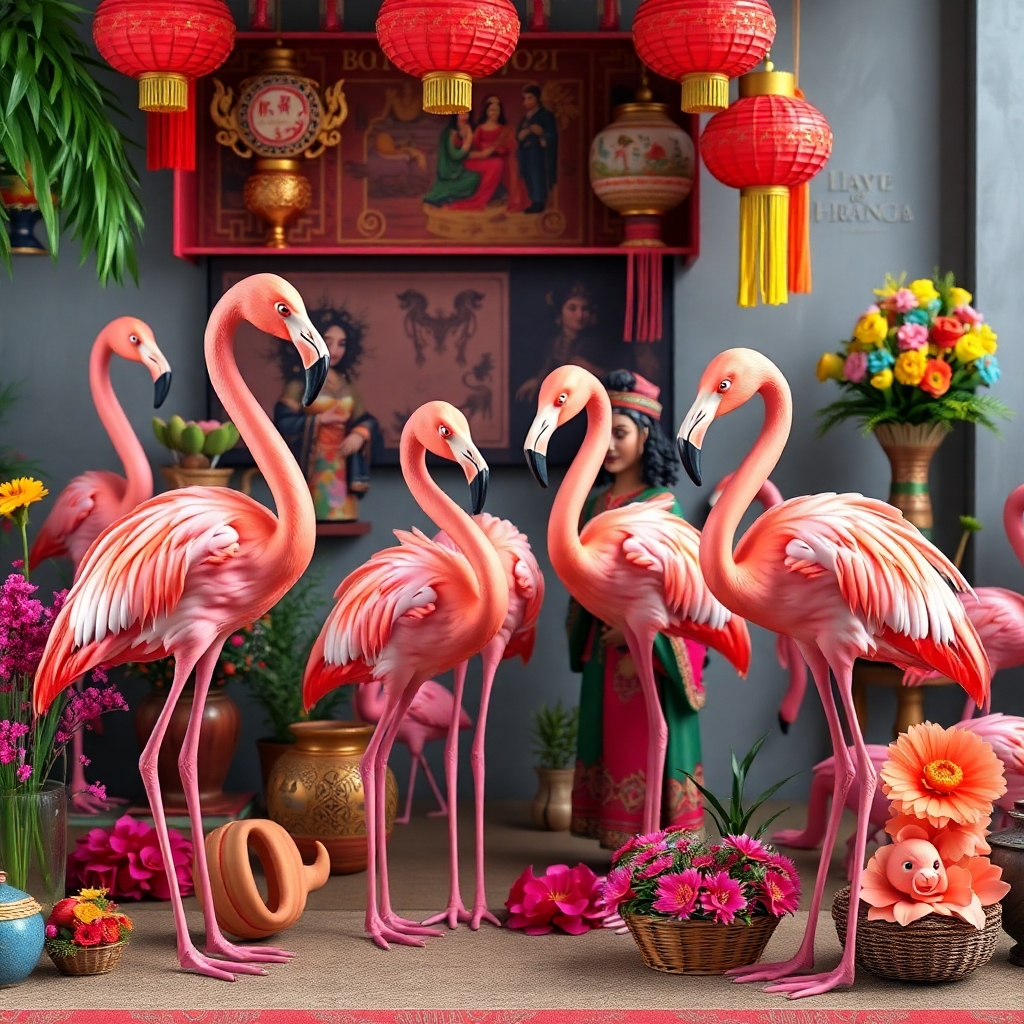 A culturally themed arrangement showcasing pink flamingos in various cultural representations, including traditional art, clothing, and festive decorations. The scene should be vibrant, depicting diverse cultural settings with flamingo motifs, bright colors, and festive elements.