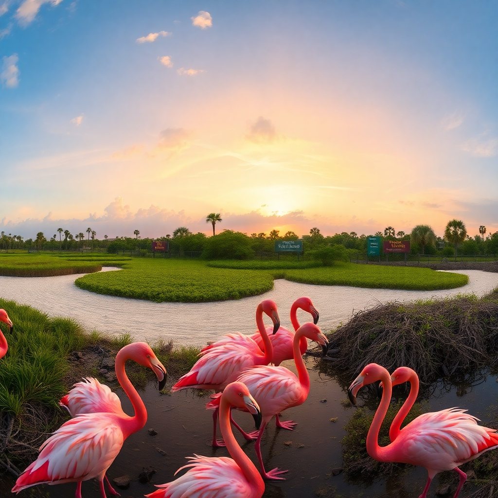 A panoramic view of several different Florida parks, showcasing diverse landscapes such as wetlands, sandy beaches, and mangroves. In the foreground, pink flamingos are seen interacting in their natural habitat, with park signage in the background highlighting the parks' names.