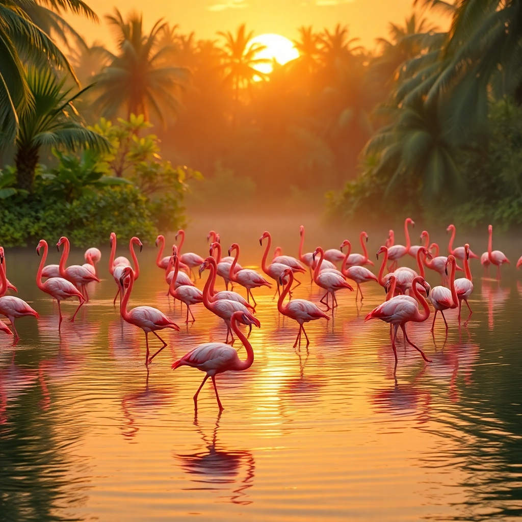 A picturesque scene showing a flock of pink flamingos gracefully wading in a serene lagoon surrounded by lush tropical vegetation. The sunset casts a golden hue over the water, accentuating the vibrant pinks of the flamingos. Include a gentle breeze rippling the water surface.