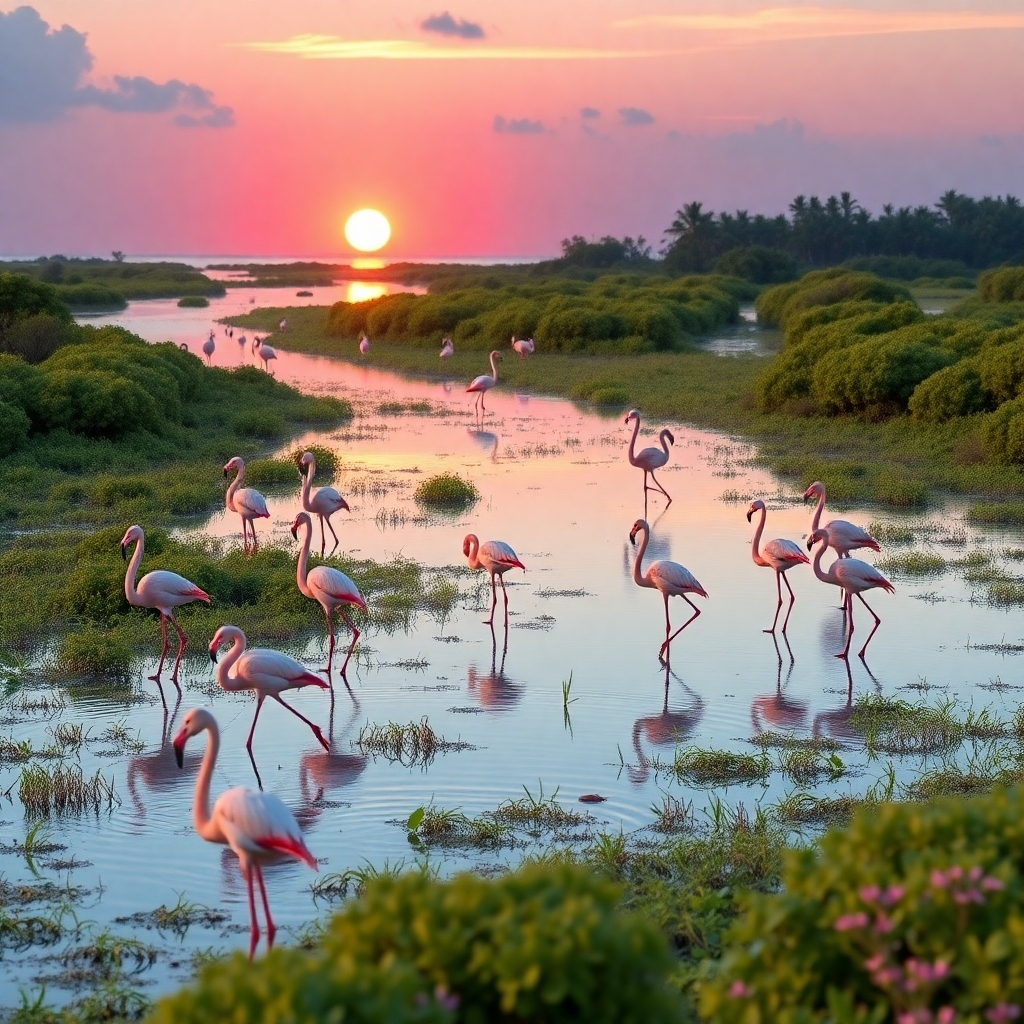 A serene coastal wetland landscape featuring pink flamingos wading in shallow waters surrounded by lush vegetation. The scene should capture a sunset reflecting on the water, highlighting the peaceful coexistence of nature and wildlife in their natural habitat.