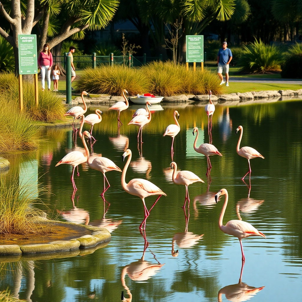 A serene scene of a Florida park with Pink Flamingos wading in a calm lagoon, surrounded by native Florida vegetation. Park signs promoting conservation efforts are visible, with visitors observing the birds respectfully from a safe distance.