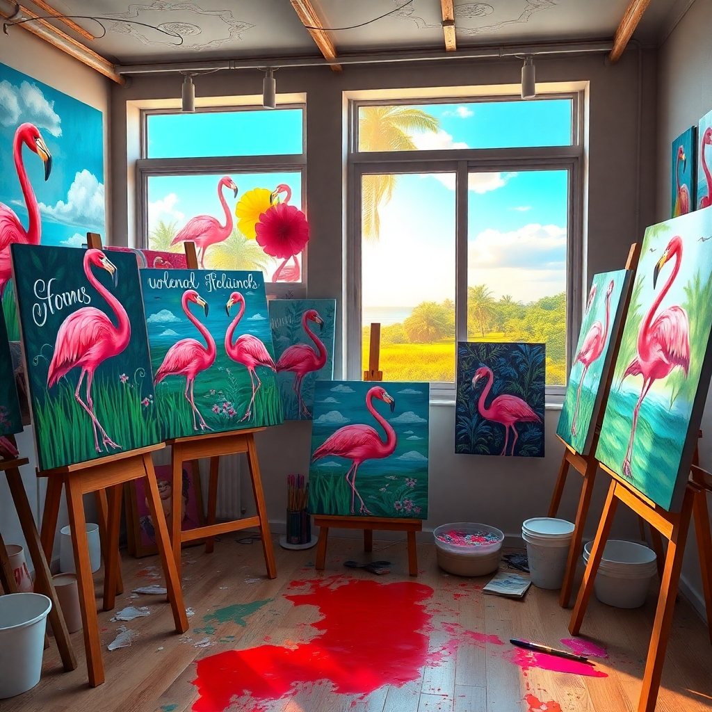 A vibrant art studio filled with colorful canvas paintings of Pink Flamingos, showcasing various artistic styles. The room includes easels, paint splatters on the floor, and a large window revealing a lush Florida landscape outside, with the sun casting warm light.