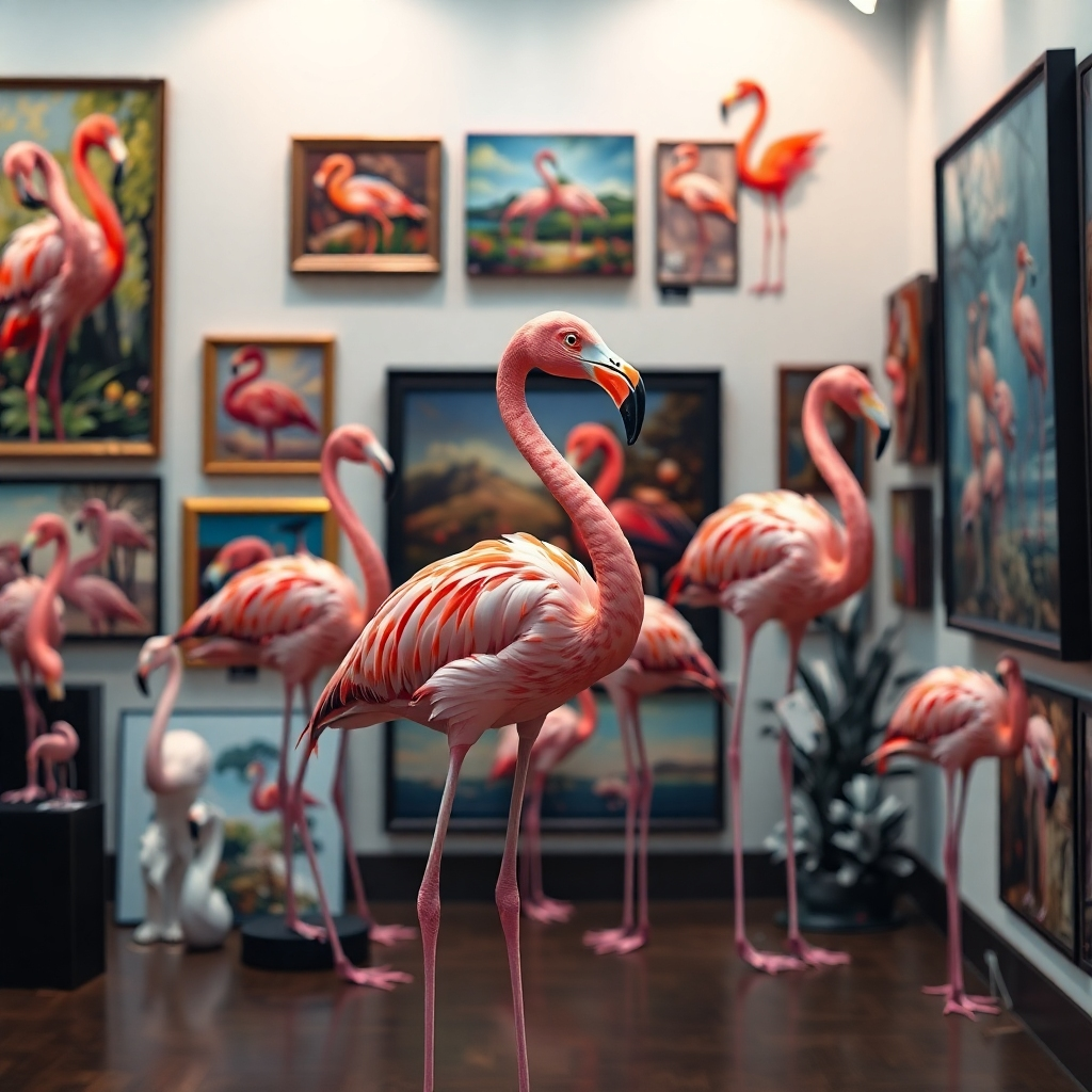 A vibrant collage of various artistic representations of pink flamingos, including paintings, sculptures, and digital art in a gallery setting. The artworks should feature unique styles, showcasing the flamingo's elegance and colors, under soft gallery lighting.
