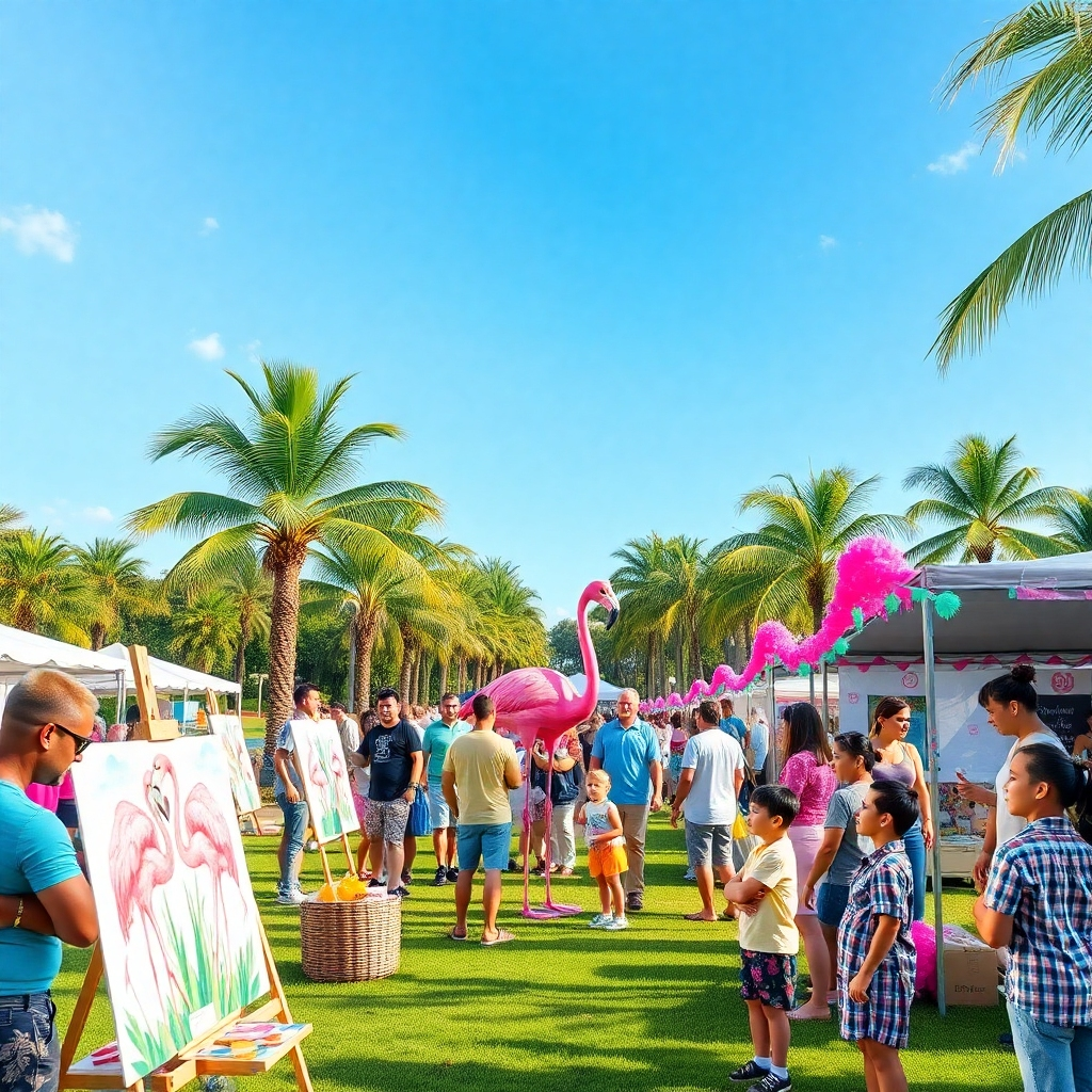 A vibrant community event in a Florida park celebrating the Pink Flamingo, featuring local artists painting live, families participating in educational activities, and colorful decorations inspired by the flamingo theme. Palm trees and a clear blue sky provide a tropical backdrop.