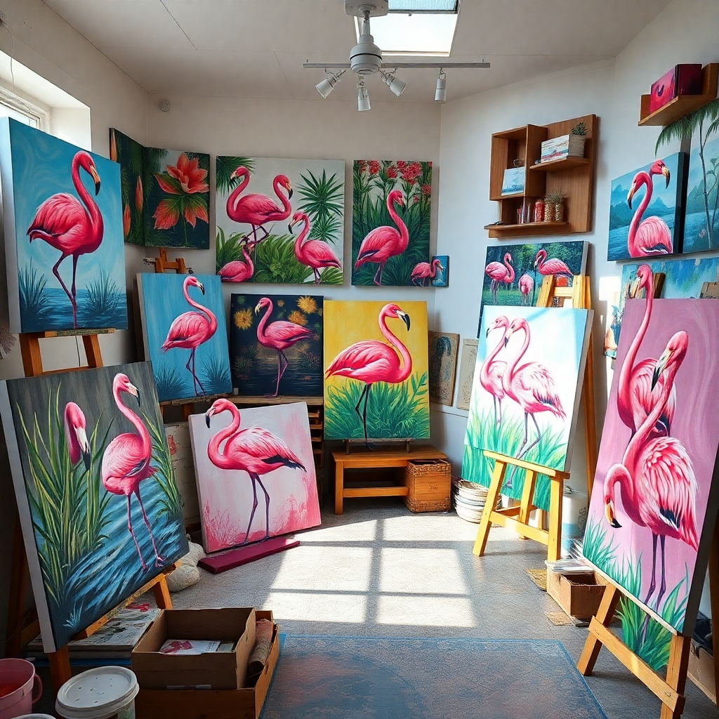 An artist's studio filled with original canvas paintings of pink flamingos in various styles, including realism and abstract. The studio has natural light streaming in, illuminating the vivid colors and intricate details of the artworks, and walls adorned with other nature-themed art.