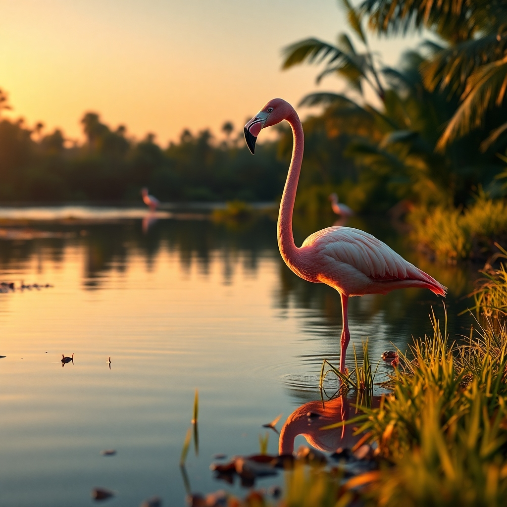 Create a photorealistic header image showcasing a majestic pink flamingo gracefully wading in a serene Florida wetland at dusk. The composition should capture the flamingo in sharp focus, with its reflection shimmering in the tranquil water. The lighting should be soft, with warm golden hues illuminating the scene, creating a dreamy and inviting atmosphere. Use a color palette dominated by shades of pink, orange, and deep green to enhance the mood of beauty and tranquility. The camera angle should be slightly elevated, offering a perspective that emphasizes the flamingo's elegance while also incorporating lush tropical plants and soft grasses around the waterside. Texture details should highlight the fine feathers of the flamingo and the smooth surface of the water, alongside earthy tones in the wetland environment. Relevant background details might include hints of other Florida wildlife, such as a distant heron or small fish. Style references should lean towards hyperrealism, ensuring intricate detail and depth, rendered in 8K resolution for stunning visual clarity., ultra high resolution, photorealistic, 8K, hyperdetailed, cinematic lighting